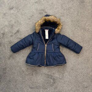 Boboli hooded navy blue with tan accents puffer coat, 2 front pockets